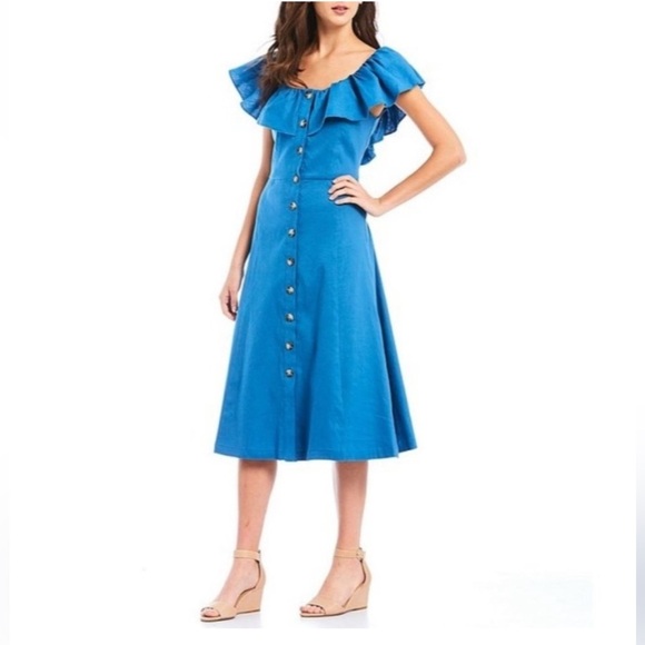 ANTONIO MELANI Dresses & Skirts - ANTONIO MELANI Ember Linen  Blue Button-Front Midi Dress